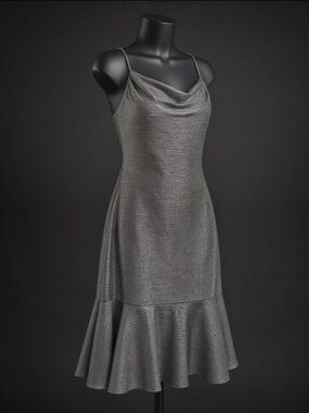 Night Way Collections Silver Cowl Neck Midi Dress with Ruffle Hem